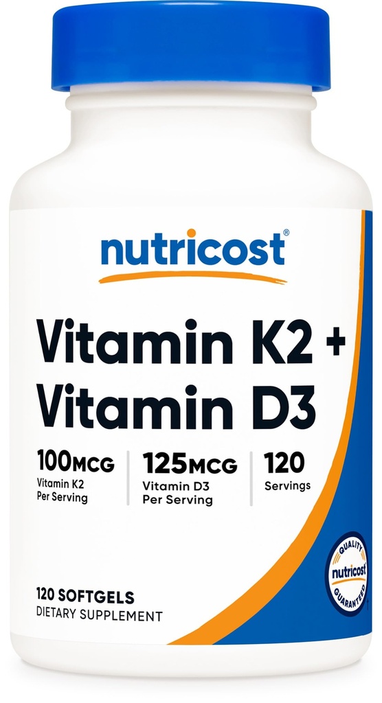 Nutrikost Vitamiin D3 + K2 (5000 IU D3 / 100 mg MK7), 120 Softgels - Gluteenivaba ja mitte-GMO