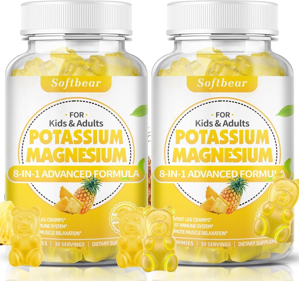 softbear Kaalium Gummies täiskasvanutele, Suhkruvaba Kaalium Magneesium Lisandit Vitamiin B6 CoQ10 Lihaskrambid Vegan Ananass Maitse 120 Gummies