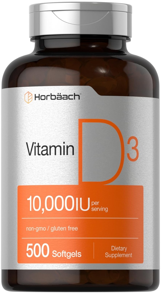 Horbäach Vitamiin D3 10000 IU | 500 Softgels | Mitte-GMO, Gluteenivaba toidulisand | Väärtuse suurus | 250mcg | Suure tugevusega valem