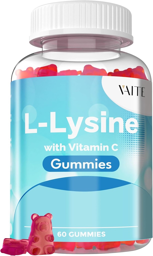 VAITE L-Lysine 800mg Gummies koos C-vitamiini - naha, huulte ja külmavalu * Toetus naistele - Lüsiin täiskasvanutele, toetab kudede tervise ja immuunsüsteemi, Aminohappe ja kompleks toidulisandeid, 60 Vegan närimistable