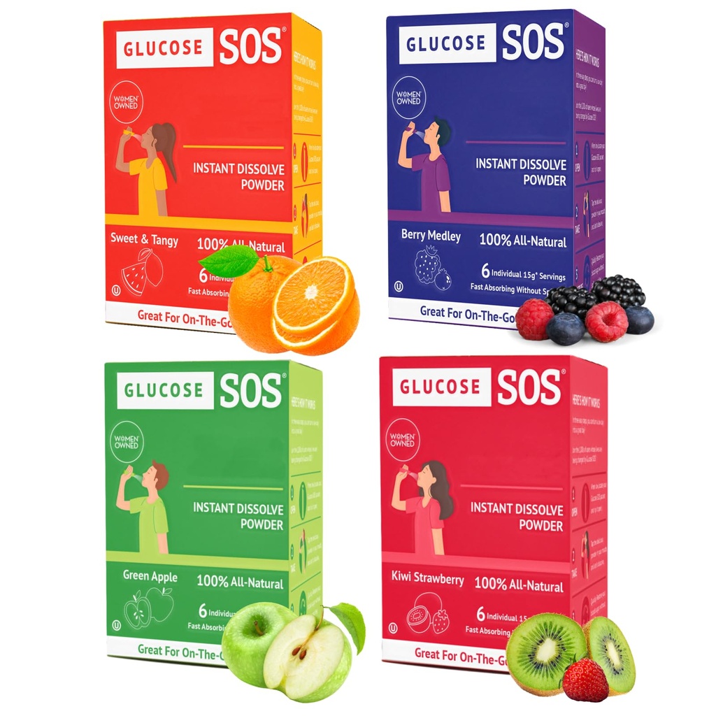 Glükoos SOS Glükoosipaketid loodusliku dekstroosiga, kiire imendumine, mis koheselt lahustub teie suus ilma veeta, 4 maitset Variety 24 Servings