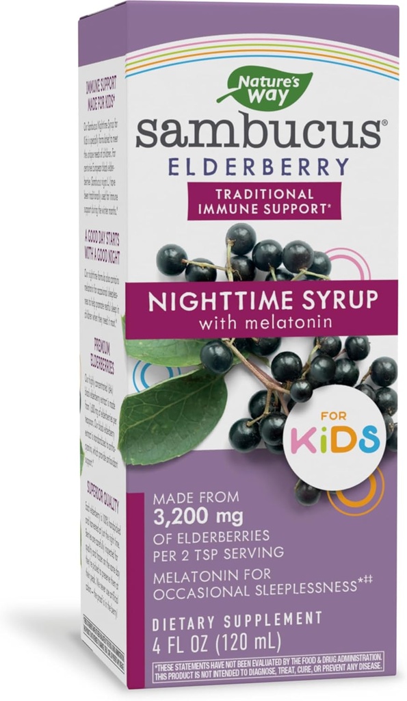 Nature's Way Sambucus Elderberry Nighttime Syrup for Kids with Melatonin, Immune Support *, 4 Fl Oz