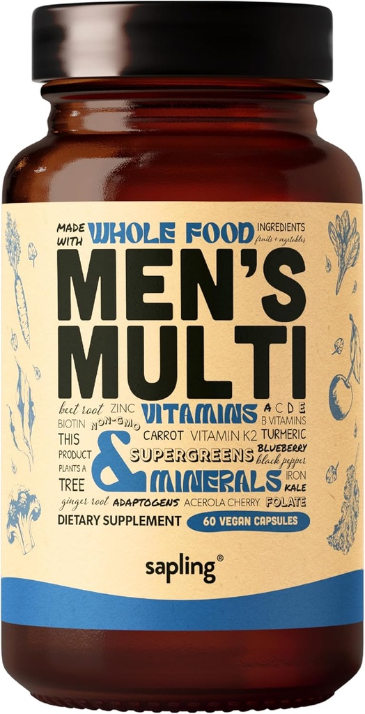 Multivitamiin meestele - igapäevane meeste multivitamiin - metüülitud B kompleks kogu toidu koostisosadega, vitamiin B12, folaat, A, C, D3, E, K2, orgaanilised puuviljad ja köögiviljad - vegan, mitte-GMO - 60 kapslit