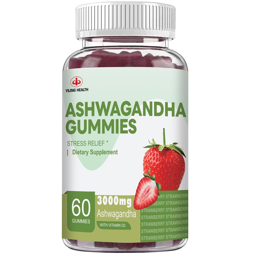 YiLing Ashwagandha Gummies naistele ja meestele, 3000 Mg suure tugevusega Ashwagandha juure ekstrakt suurendab energiat, parandab une, leevendab stressi ja rahustab meeleolu, 60 krahv Maasikamaitse Ashwagandha
