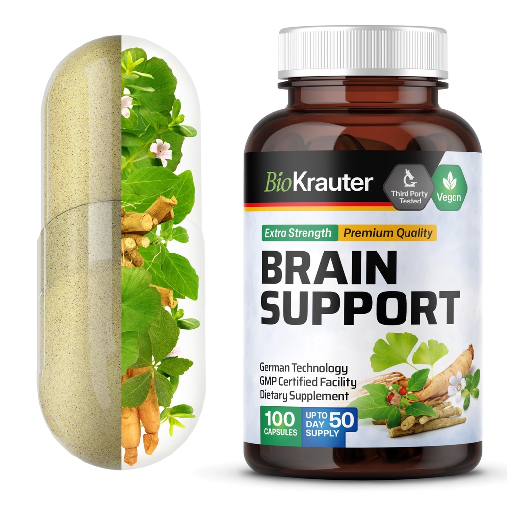 BIO KRAUTER Brain Support Supplement - 100 Count - 1300 mg segu Ashwagandha, Panax ženšenn ja Ginkgo Biloba - Vegan, No Fillers