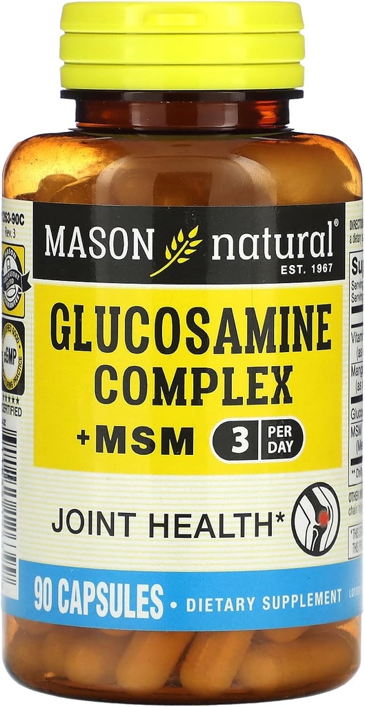 MASON NATURAL Glükoosamiini kompleks Plus MSM koos C-vitamiiniga - toetab liigeste tervist, paremat paindlikkust ja liikuvust, 90 kapslit