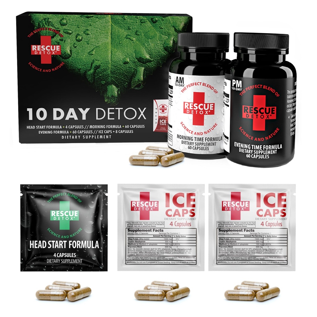 Rescue Detox 10 Day Permanent Detox Kit - 132ct kapslid | Täielik keha puhastamine Boonus Instant ICE kapslitega