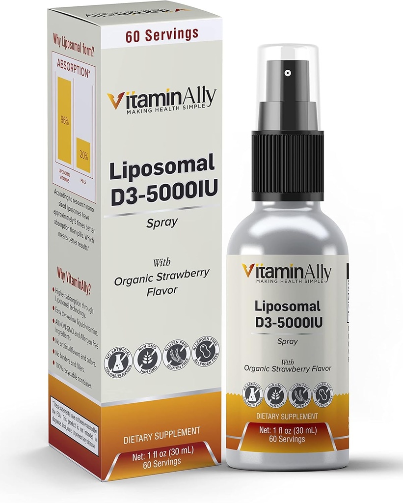 Liposomaalne vedelik Vitamiin D3-5000IU Spray | 2 kuu pakkumine |1 fl oz | Mitte-GMO | Suhkruvaba | Gluteenivaba | Reisisõbralik | toetab luude tervist, immuunsüsteemi ja tervislikku meeleolu