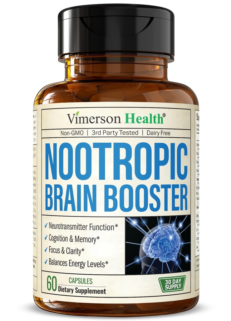 Nootropics Brain Support Supplement - Nootropic Brain Booster parema fookuse, kontsentratsiooni ja mälu jaoks. Aju Nootroopne Aju Tervise, Mood Ja Energia Toetus Mitte-GMO. Valmistatud USA-s. 60 kapslit