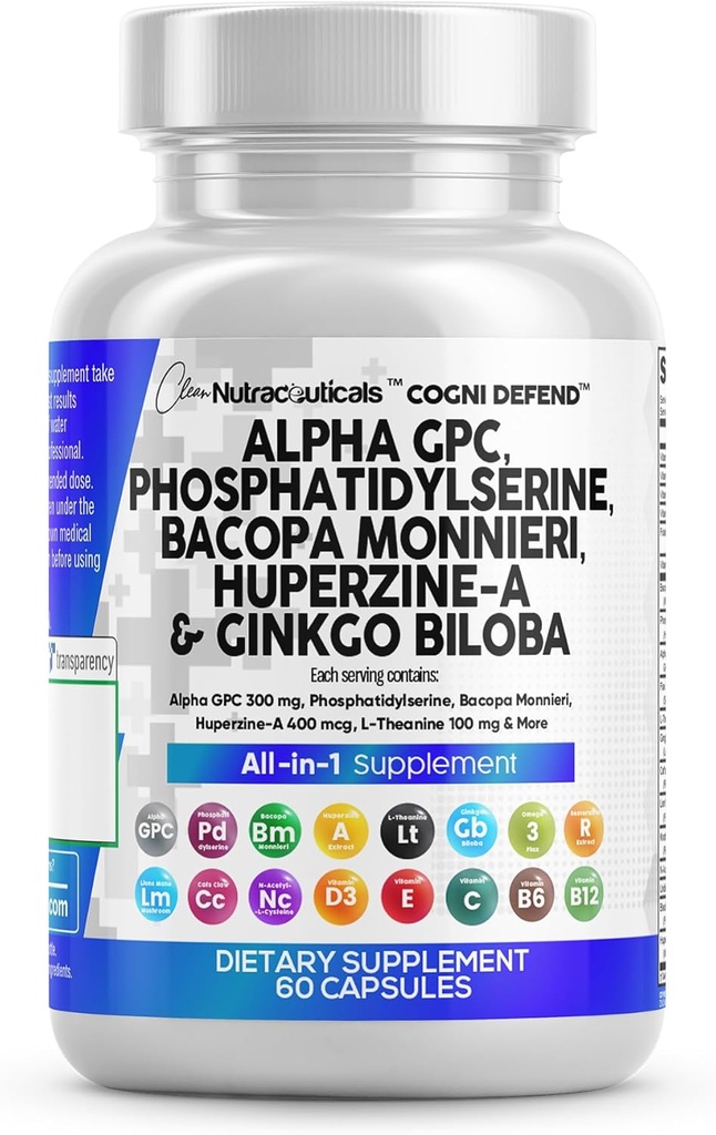 Puhas Nutraceuticals Alpha GPC Koliin Fosfatidüülseriin Bacopa Monnieri Ginkgo Biloba Huperzine Lisa Urdine Lions Mane Cats Claw NAC Vitamiin C B D E