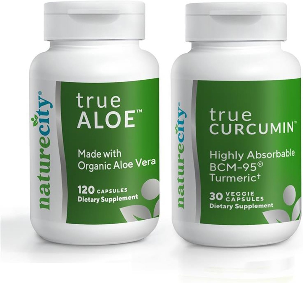 NatureCity ühine tugi Bundle| True-Aloe valmistatud orgaanilise AloeVera, 120 kapslit + True-Curcumin 500mg väga imenduv BCM-95 kurkumiin + kurkumi eeterlik õli, 30 kapslit