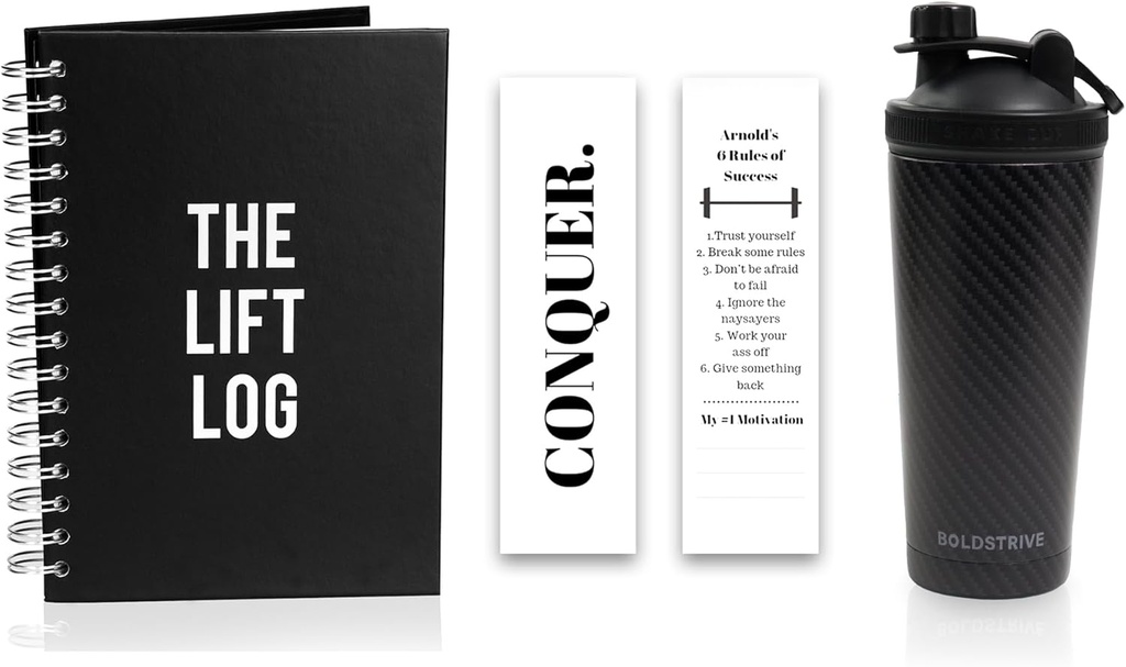 Roostevabast terasest proteiin Shaker Bottle, isoleeritud veepudel musta süsinikuga Fiber Wrap & Workout Journal koos järjehoidjaga - 6 kuud Undated Daily Fitness Journal