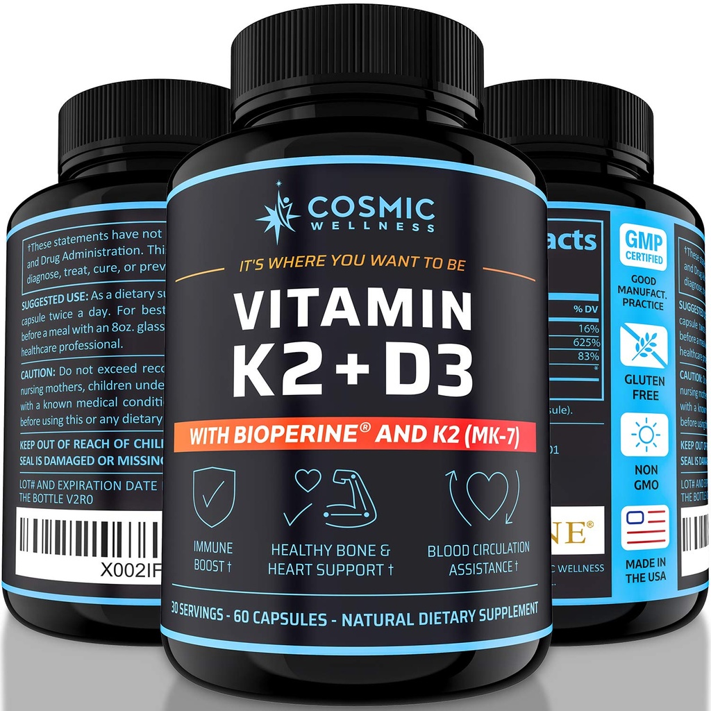 K2 D3 vitamiinilisandiga 5000 Iu - tervislikumate luude, vere, südame ja parema immuunsuse jaoks - täiustatud kaltsiumi imendumine bioperiiniga - 100% looduslik ja allergeenivaba - D3-vitamiin K2 Mk7 5000 Iu