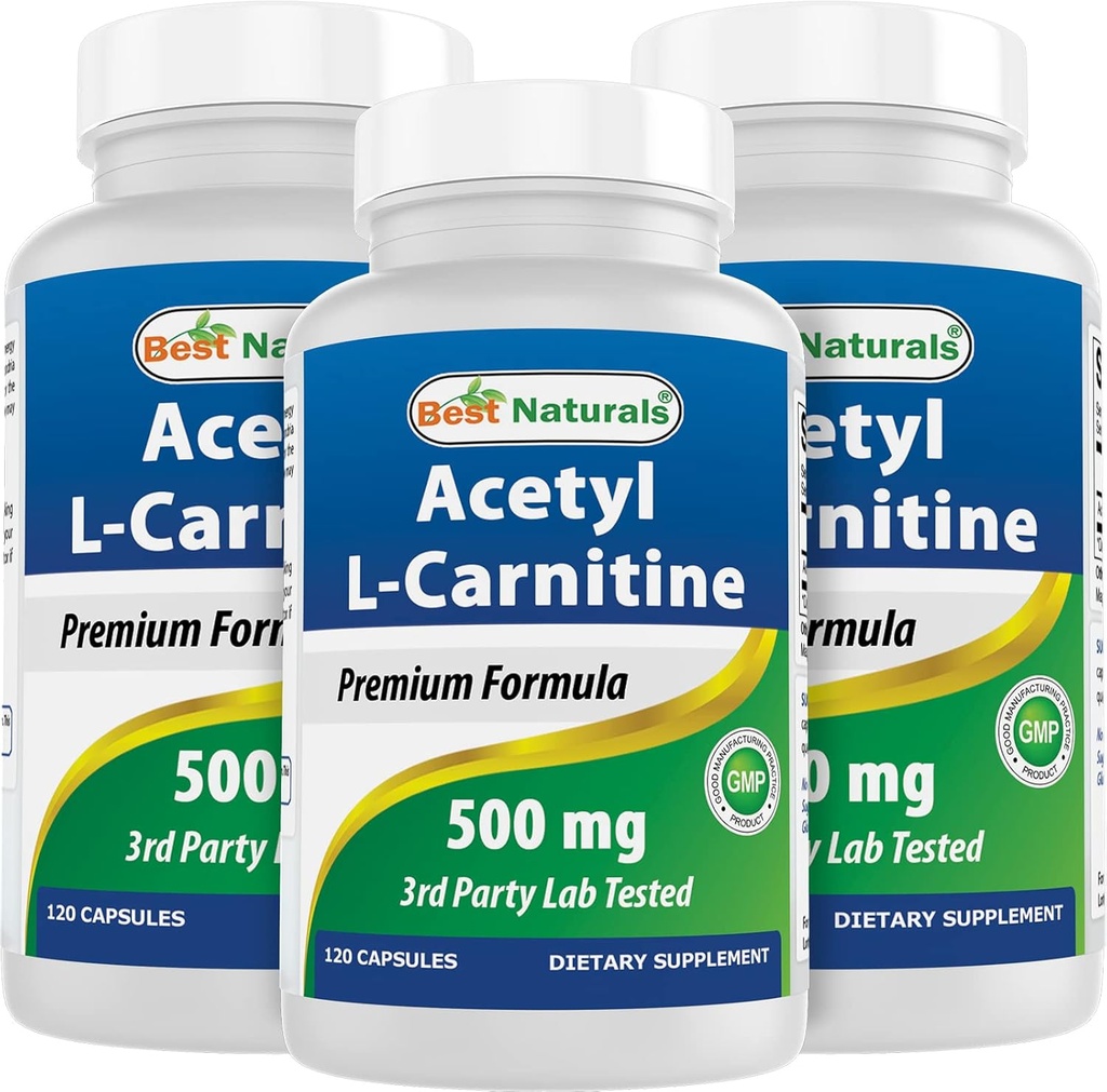 Parimad looduslikud atsetüül-L-karnitiin (ALCAR) 500mg, 120 kapslit, 120 serveerimist - mitte-GMO ja gluteenivaba, 1 kapsel serveerimise kohta (3 pakendit)
