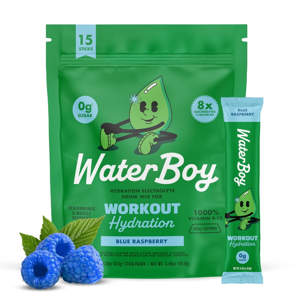Waterboy Treening Hüdratsioon | 2,960mg Suhkruvaba elektrolüüt Pulber Pakendid | L-Glutamiin + Vitamiinid | Ei Suhkrut, Kõik Looduslikud, Gluteenivaba | 15 Joogipulgasegud (Blue Vaarika)