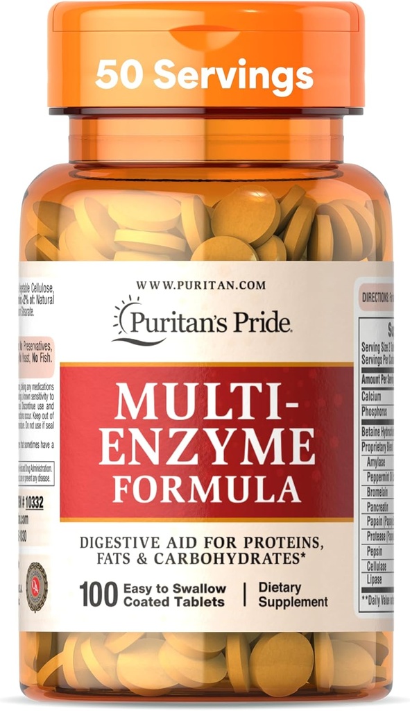 Puritan's Pride Multi-Enzyme valem, seedetrakti abi proteiinide, rasvade ja süsivesikute jaoks, toidulisand seedimiseks ja tervisliku soolestiku toetamiseks, 50-päevane pakkumine, 100 kerge neelata kaetud tablette