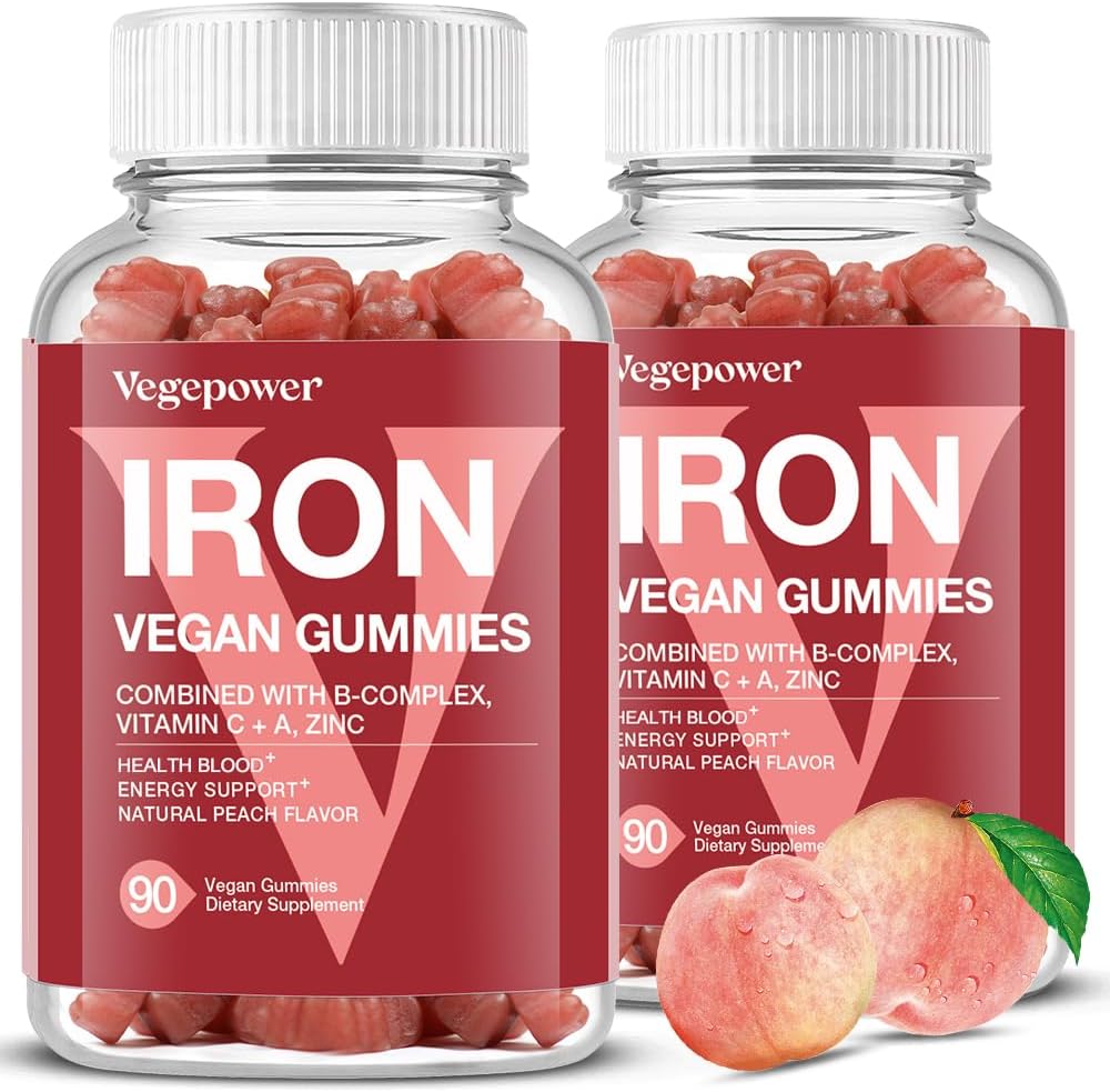 Vegan Raudkummide Täiendus - Multivitamiinilisand C-, A-, B- ja Tsink-vitamiiniga - Tervisevere ja energiatoetus rauapuuduse, aneemia, mitte pärast maitset - virsikumaitse (2 pakendit)