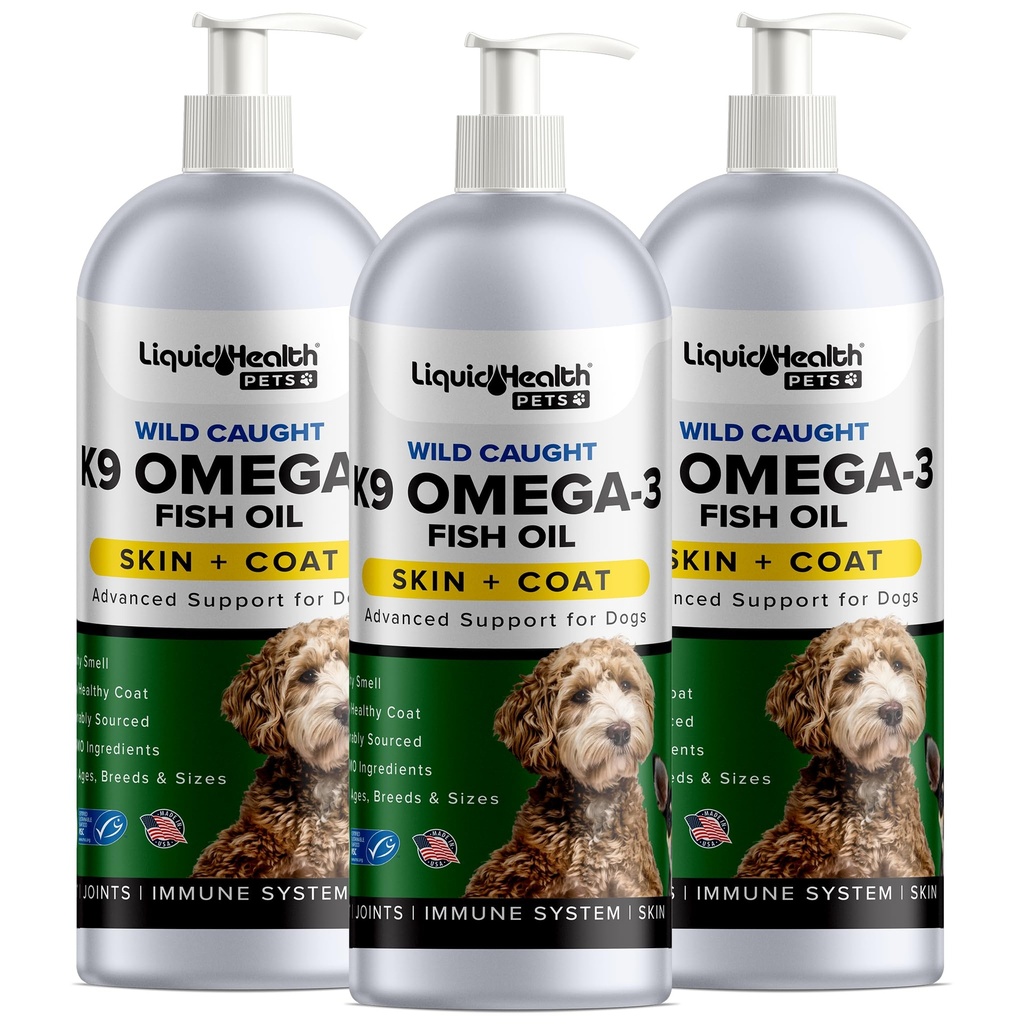 Vedelad tervislikud lemmikloomad K9 Omega 3 kalaõli koertele - Vedel Omega 3 lisand lemmikloomadele EPA + DPA + DHA - Vähendage sügelust ja lamamist, tugiliigeseid, immuunsust, aju, südame tervist - USA Made (3 Pack)
