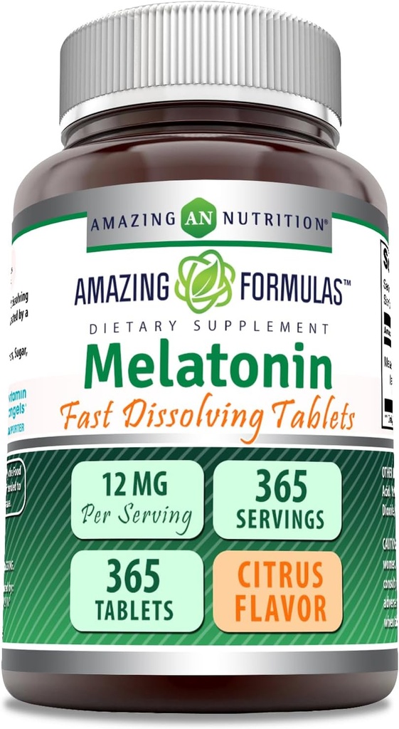 Hämmastavad valemid Melatoniin Kiire lahustamise täiendus | Citrus Flavor | 12 Mg per Serving | 365 tabletti | Mitte-GMO | Gluteenivaba | Valmistatud USAs