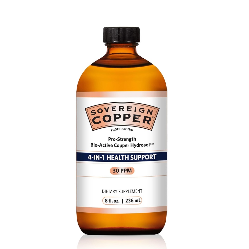 Sovereign Pro-Strength Bio-Active Copper Hydrosol - Bioavailable Copper Vedelik Supplement täiskasvanutele ja lastele w / Silver Hydrosol juustele, nahale ja küüntele, 30ppm - 8 fl oz (237ml)
