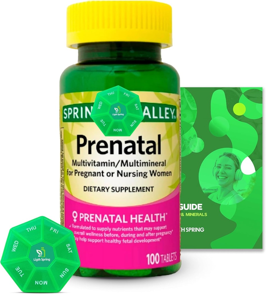 Prenataalne multivitamiin / multimineral 100 tabletti koos Bundle eksklusiivsete vitamiinide ja mineraalidega - A kuni Z - parem Ligth & Kevadjuhend + iganädalane pillide korraldaja (3 tükki)