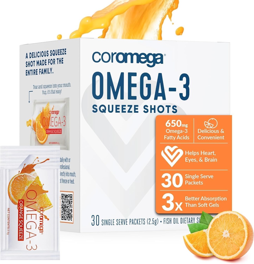 Coromega Omega 3 kalaõli lisand, 650 mg oomega-3-sid koos 3X parema imendumisega kui softgelid, oranž maitse, 30 ühekordset pihustuspaketti