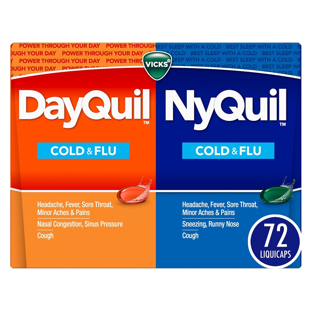 Vicks DayQuil & NyQuil Co-Pack, Cold & Flu Meditsiin, Võimas Multi-Symptom Daytime & Nighttime Relief peavalu, palavik, valulik kurk, väikesed valud ja köha, 72ct