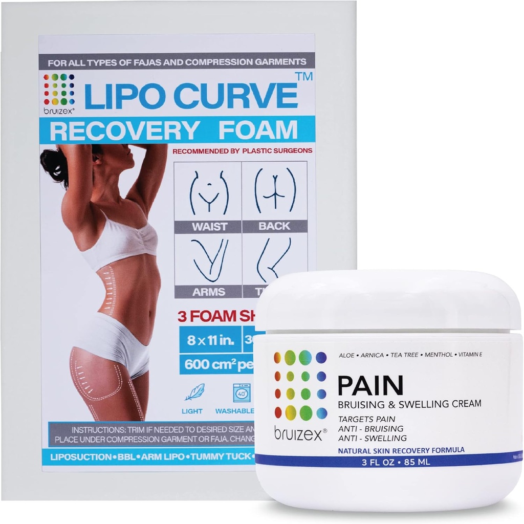Arnica Montana Bruising & Swelling Cream & LipoCurve Foam Post Surgery Pads Bundle, Liposuction Post Surgery Recovery & Lymphatic Draining