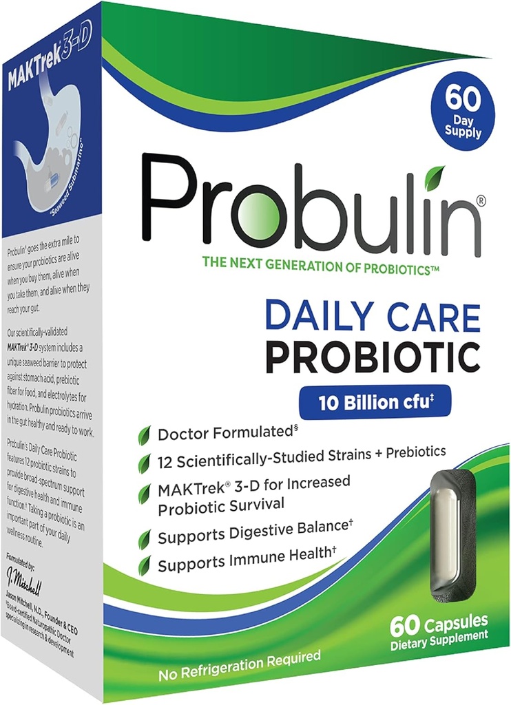 Probuliini igapäevane hooldus Probiootiline täiendus, seedetrakti, soolestiku ja immuunsüsteemi tervisetoetuse kapslid meestele ja naistele, 10 miljardit CFU, Vegan, 60 Count Box