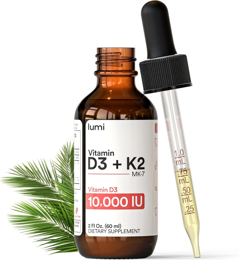 lumi Vitamiin D3 K2 MK7 w Palm MCT Õli - 10000 IU D3, 200 mcg K2 MK7-60 ml Liposomaalne Imendumine Sublingvaalne Vedeliktilgad - Mitte-GMO, Vegan, Maitsestamata Vedelik - Igakuine Tarne - 2 Fl Oz