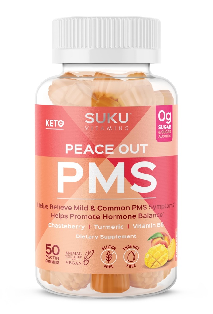 SUKU vitamiinid - PMS Gummy täiendus Chasteberry'ga, et leevendada PMS-i ja menopausi virsiku mango Gummies (50 loend)
