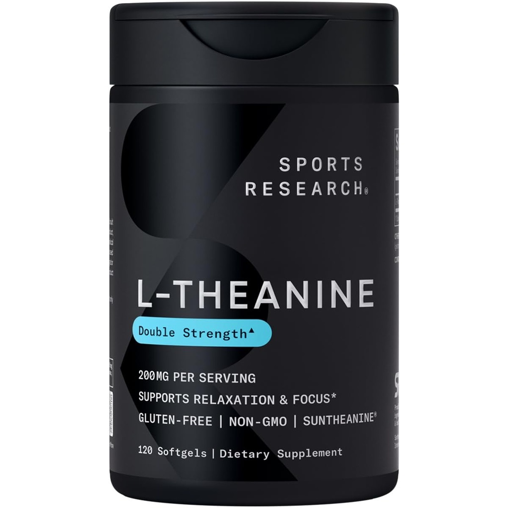 Sport Research Double Strength L-Theanine Supplement - Suntheanine Softgels Fookuses, Lõõgastav & Alertness - Non-Drowsy Support valmistatud kookosõli, Non-GMO & Gluten Free - 200mg, 120 Count