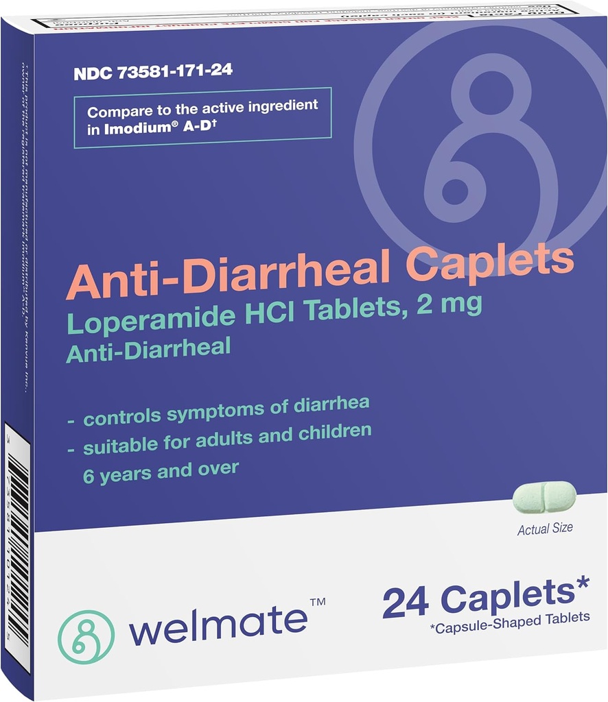 WELMATE - Diarröavastased kapslid ( 24 kapslit) - Loperamiid HCL 2 mg - Kõhulahtisuse sümptomite leevendamine - Upset Kõhulahtisuse leevendamine - Kõhulahtisusevastased tabletid - Ülekaaluline ravim