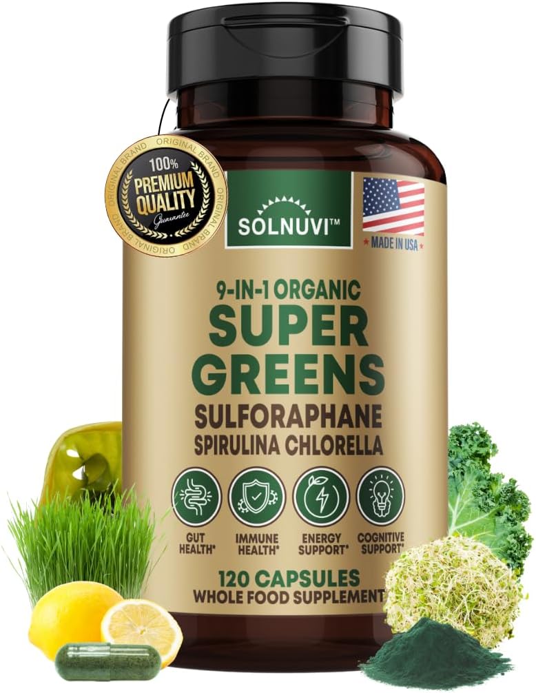 Orgaanilised superrohelised supertoidukapslid Täiendus - Spirulina, Chlorella, Nisuhein, Kale pulber, Sulforaphane, Antioksüdandid - Soolestiku Tervis, Seedimine, Energia, Immunity Support - 120 Vegan Kapslid