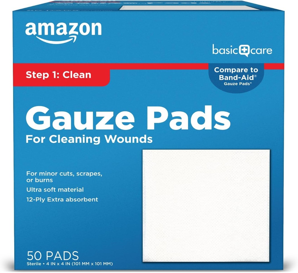 Amazon Basic Care Gauze Pads, 4x4 tolli Sterile Medical Wound Dressing Sponges puhastamiseks, katmiseks, ja Cushioning kärped ja väikesed vigastused, 50 Count (Pack of 1), (varem kõik tervis)