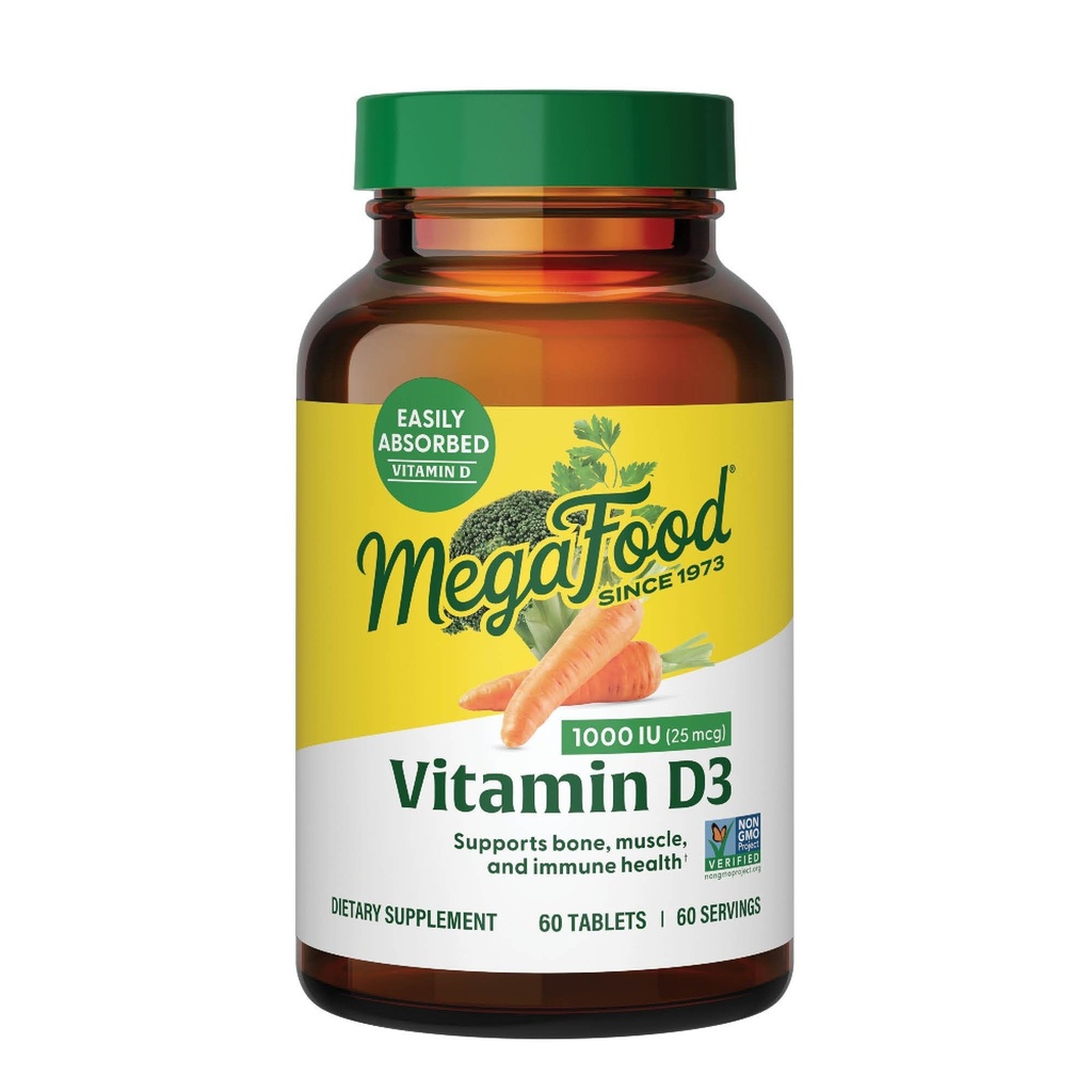 MegaFood Vitamiin D3 1000 RÜ (25 mcg) - D-vitamiini toidulisandid tõelise toiduga, immuunsuse tugi, luud, hambad ja lihased, taimetoitlane, gluteenivaba, mitte-GMO, Kosher - 60 tabletti, 60 serveerimist