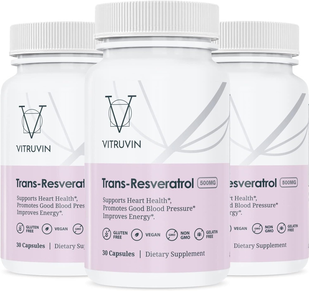 Vitruvin Trans-Resveratrol 500mg, 3 pudelit Pack, Vegan, Non-GMO, Gluteenivaba, želatiinivaba.