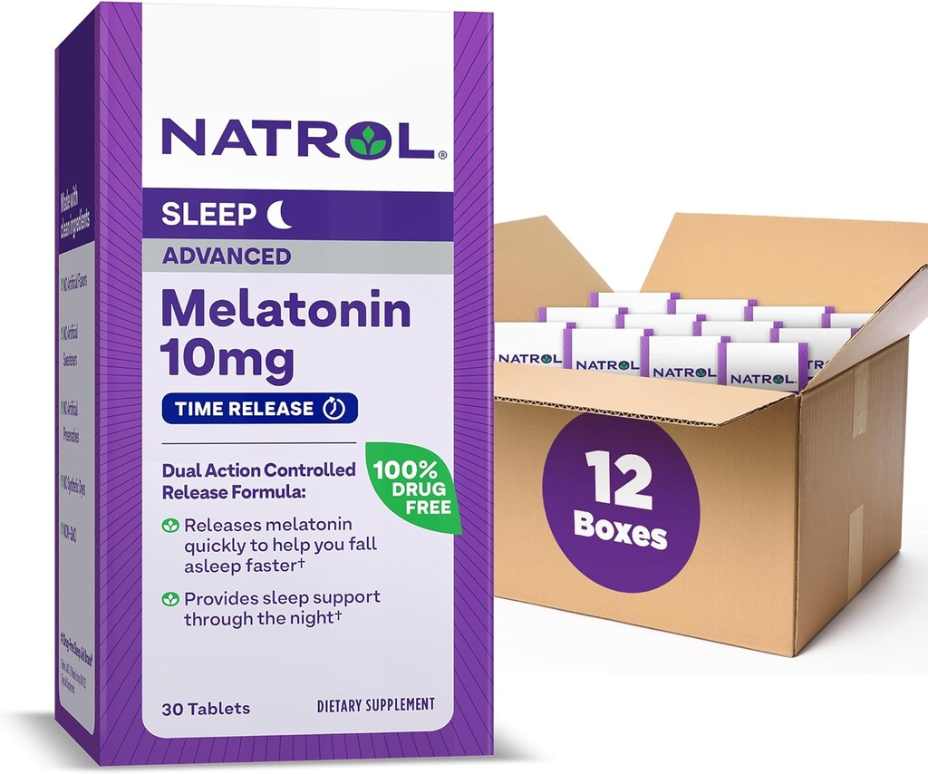 Natrol Advanced Sleep Melatoniin 10mg, toidulisand rahutu une jaoks, aeg vabastada melatoniini tabletid, 30 aega vabastavad tabletid, 30 päeva pakkumine (Pack of 12)