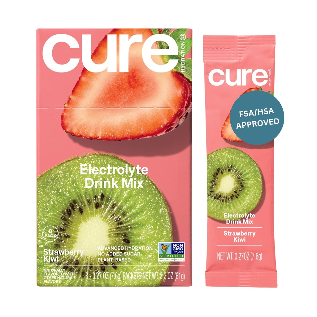 Cure Hydration | Plant-Based Electrolyte Drink Mix | No Add Sugar | Dehüdratsioon Relief Pulber valmistatud kookosvesi | Non-GMO | Vegan | Karp 8 pakendit - Maasikas Kiivi