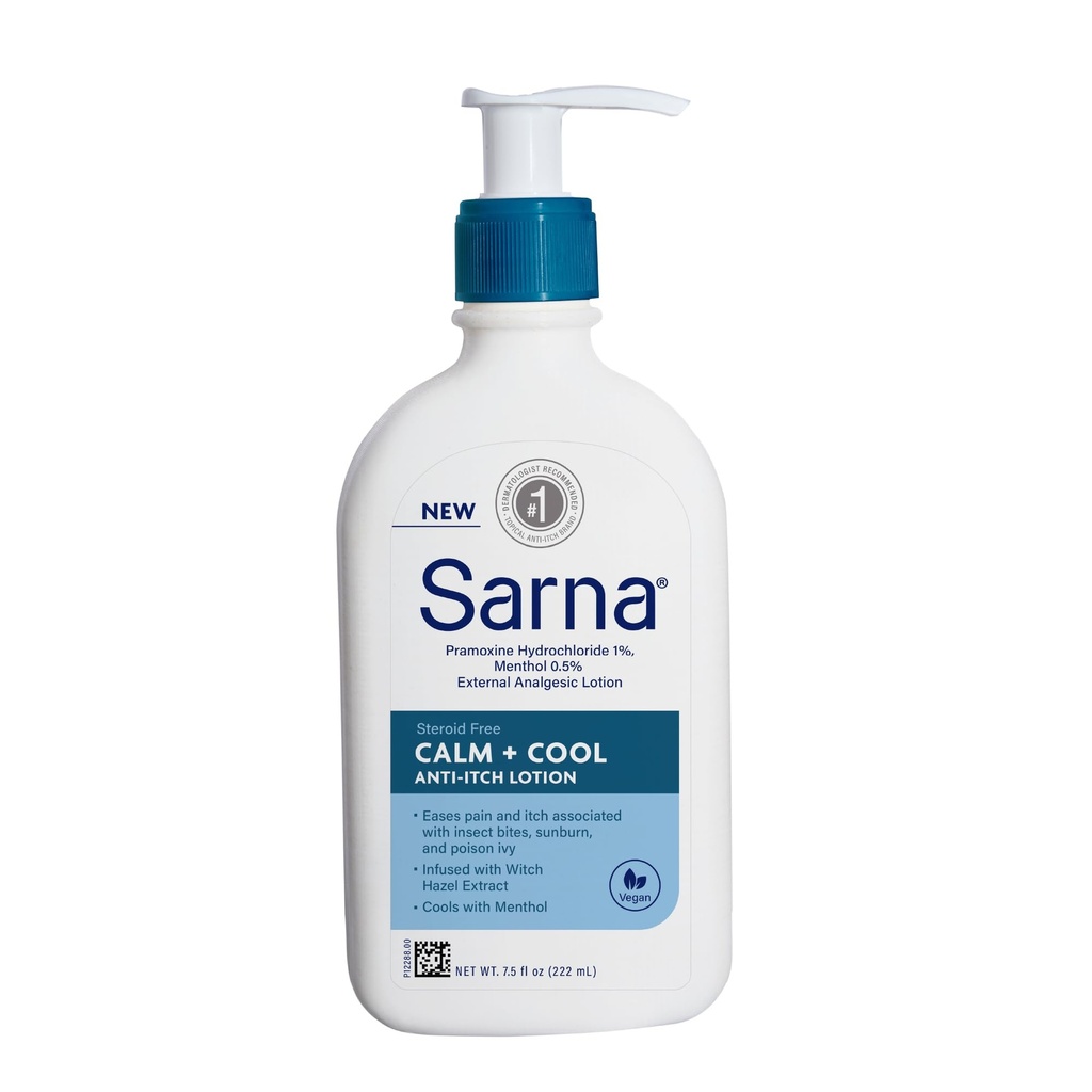 Sarna Calm + Cool Anti-Itch Lotion, Soojenda ja leevenda valu ja sügelust putukahammustustest, päikesepõletusest ja mürgist Ivy, sisaldab 1% pramoksiini vesinikkloriidi, 0,5% mentooli, veganit, steroididevaba, 7,5oz