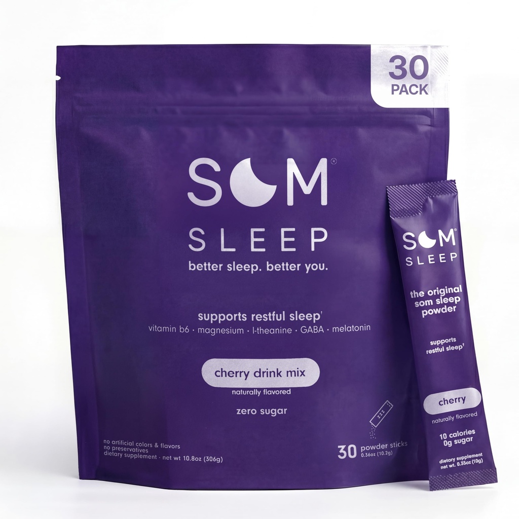 Som Sleep, Calm Sleep Aid Pulber Drink Mix, 3mg Melatoniini, Magneesium, Vitamiin B6, L-Theanine & GABA - Vegan, Nullsuhkur, Keto Sõbralik - Kirss, 30-pakk