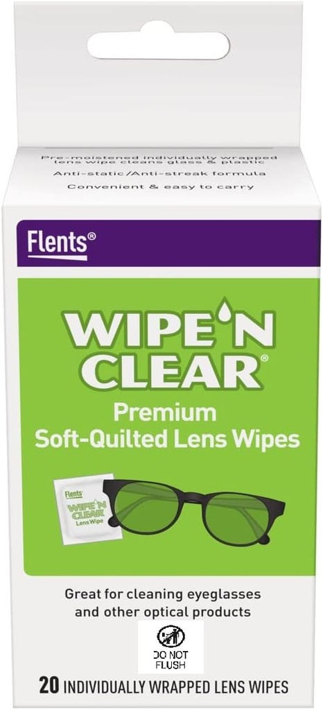 Flents Lens pühkida, pühkida 'N selge, 20 Count, eelnevalt niisutatud, vööt-vaba, ohutu prillid, Anti-Fog, õrn puhastamine, selge nägemus, individuaalselt pakitud reisimiseks ja mugavuseks, valmistatud USA-s