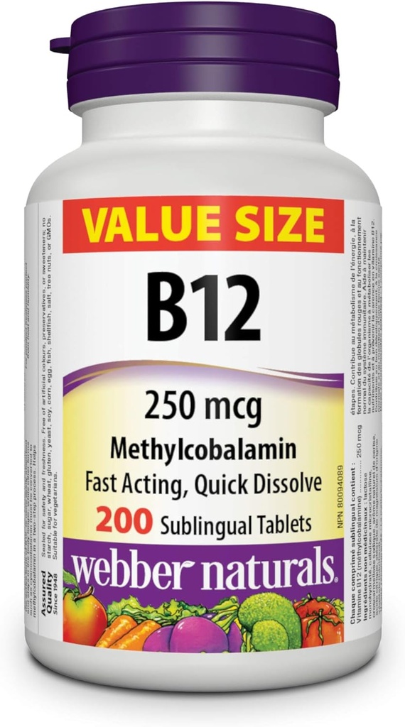 Webber Naturals Vitamiin B12 250 μg Metüülkobalamiin, 200 Sublingvaalne tablett