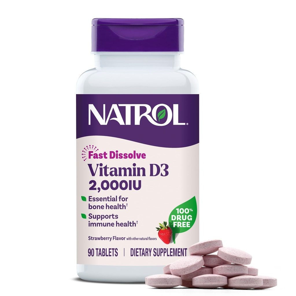 Natrol Fast Lahustage D3-vitamiin 2000 RÜ, toidulisand luude ja liigeste tervise jaoks, luude tugilisand, 90 tabletti, 90 päeva pakkumine