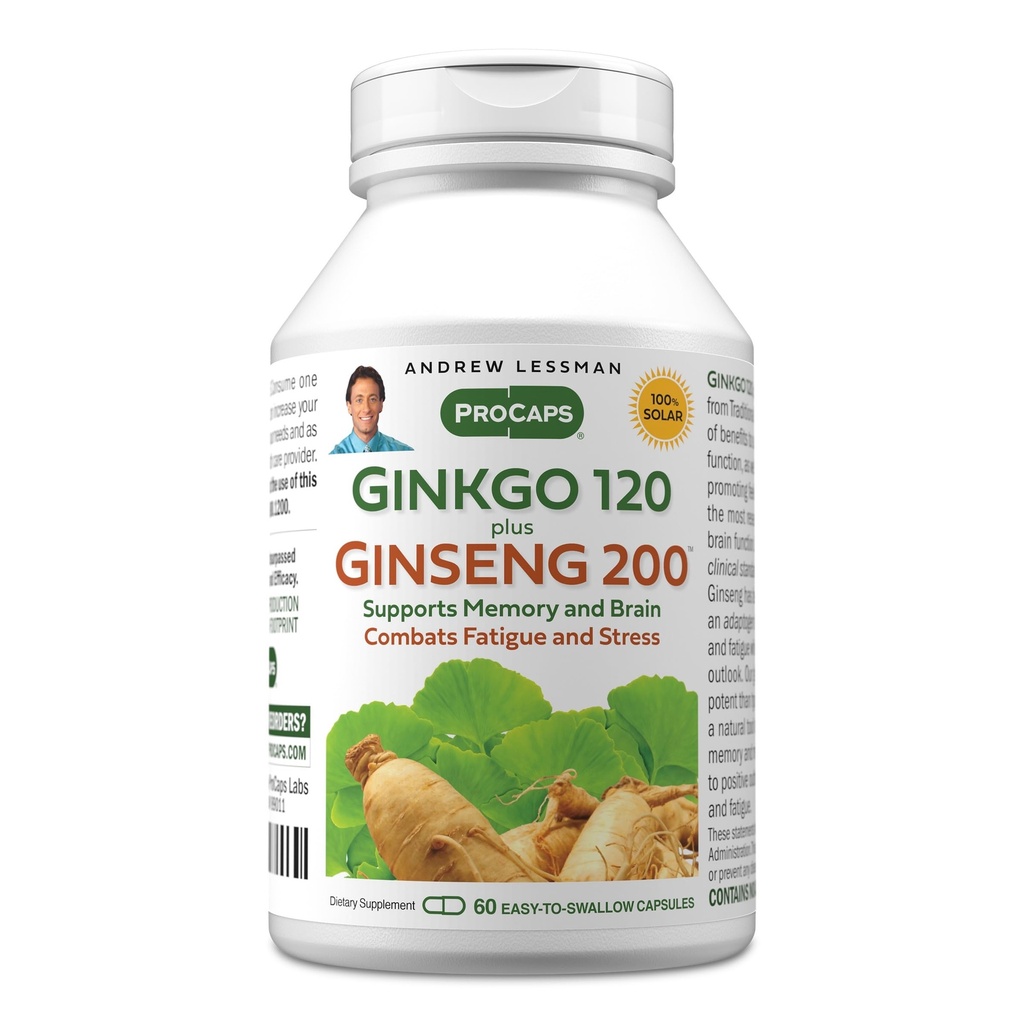 ANDREW LESSMAN Ginkgo 120 Plus ženšenn 200mg - 60 kapslit - standardiseeritud ekstraktsegu aju, mälu ja kognitiivse funktsiooni toetamiseks. Adaptogen, võitleb stressi ja väsimusega. Ei mingeid lisaaineid