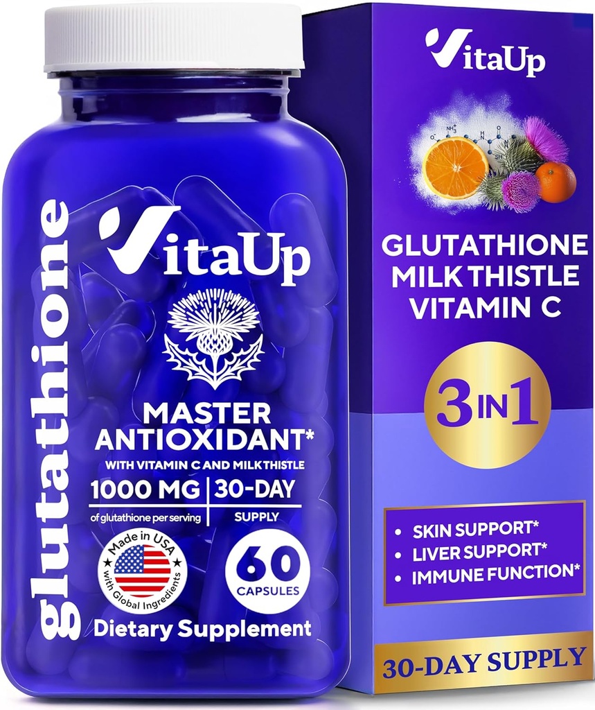 Vähendatud glutatioonilisa 1000mg - USA valmistatud glutatioonikapslid C-vitamiini ja piimaohakaga maksahoolduseks, naha toetamiseks ja immuunsuse heaoluks - 60 loend