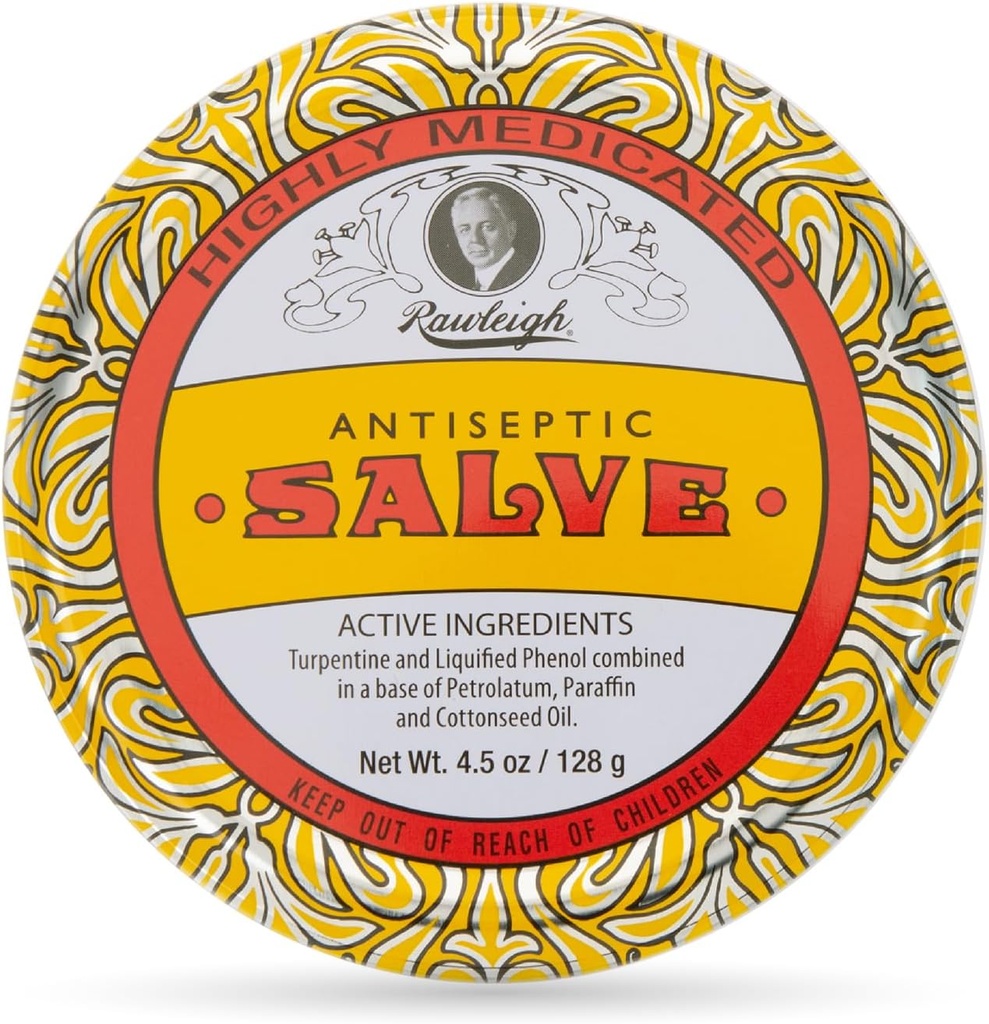 Rawleigh Antiseptiline Salve Ikooniline Kollane Suur Tin: 4,5 oz, looduslik, mitmeotstarbeline salv Soothes Nahalõiked, sinikad, ärritused, turpentiini, fenooli, puuvillaseemneõli, originaalvalem - pakend 1