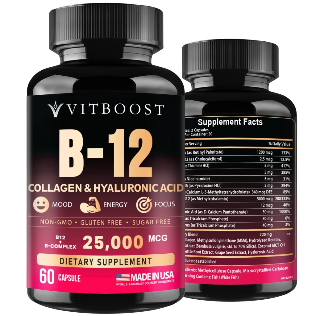 B12 hüaluroonhappe, kollageeni ja folaadiga – 25000 mcg B12 kompleks | maksimeerida imendumist ja energiat | Gluteenivaba USA Made, B1, B2, B3, B6, B7, B12 Vitamiinid 5000 mcg Metüülkobalamiin - 60 kapslit