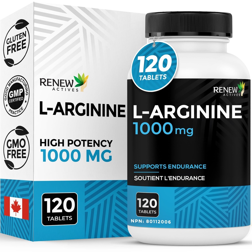 Renew Actives L-Arginine Supplement 1000MG serveerimiseks - tugevus ja vastupidavus, vajalik valkude sünteesiks ja lihaste funktsiooniks, füüsilise jõudluse suurendamiseks - valmistatud Kanadas - 120 tabletti