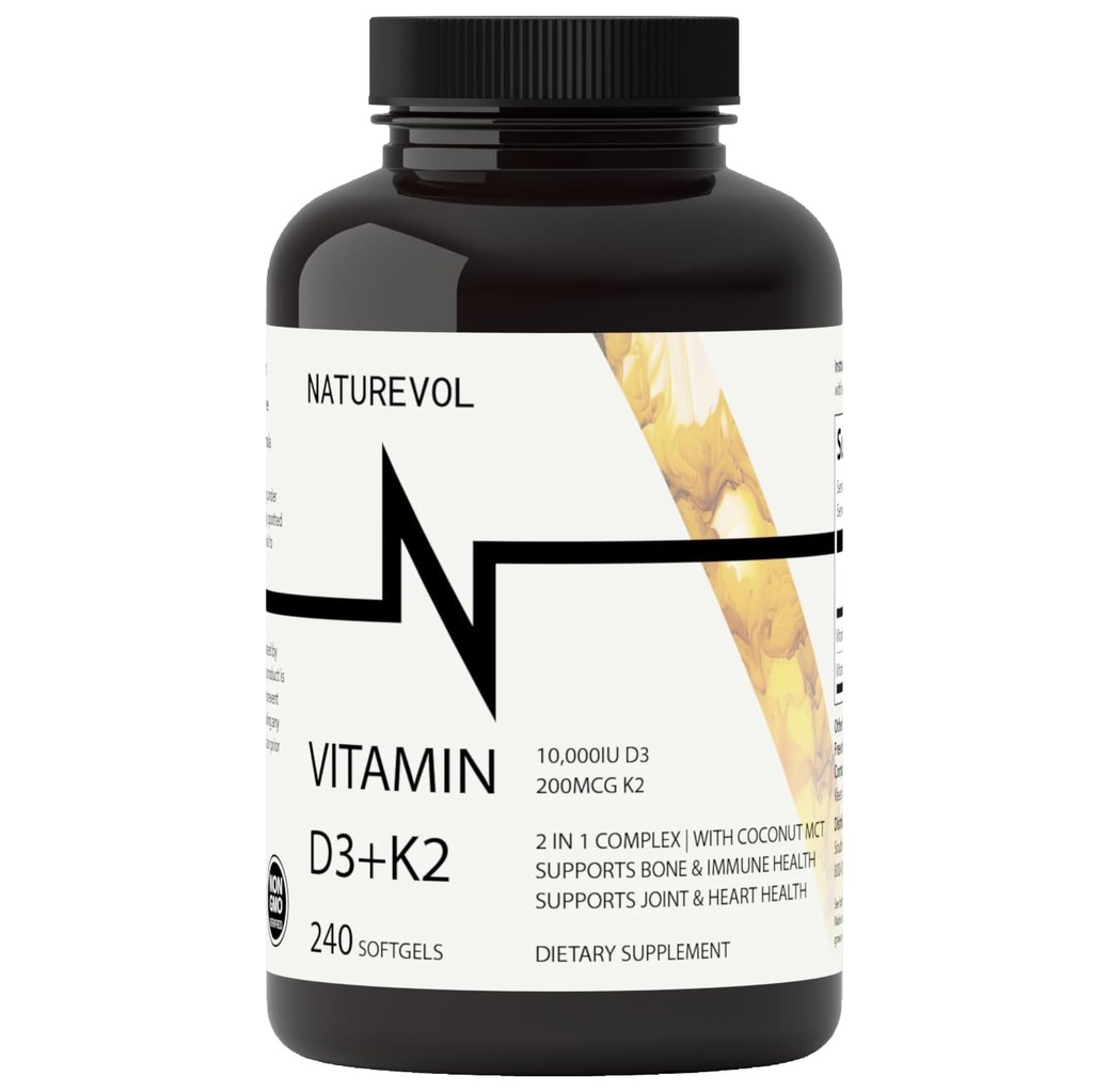 Vitamiin D3 + K2 kookosõliga - D3 10 000 IU & K2 (MK-7) 200 mcg | 2-in-1 kõrge tugevusega tugi luude ja immuunsüsteemi tervisele | Lihtne alla neelata | Mitte-GMO, Gluteeni ja Soja vaba - 240 Softgels